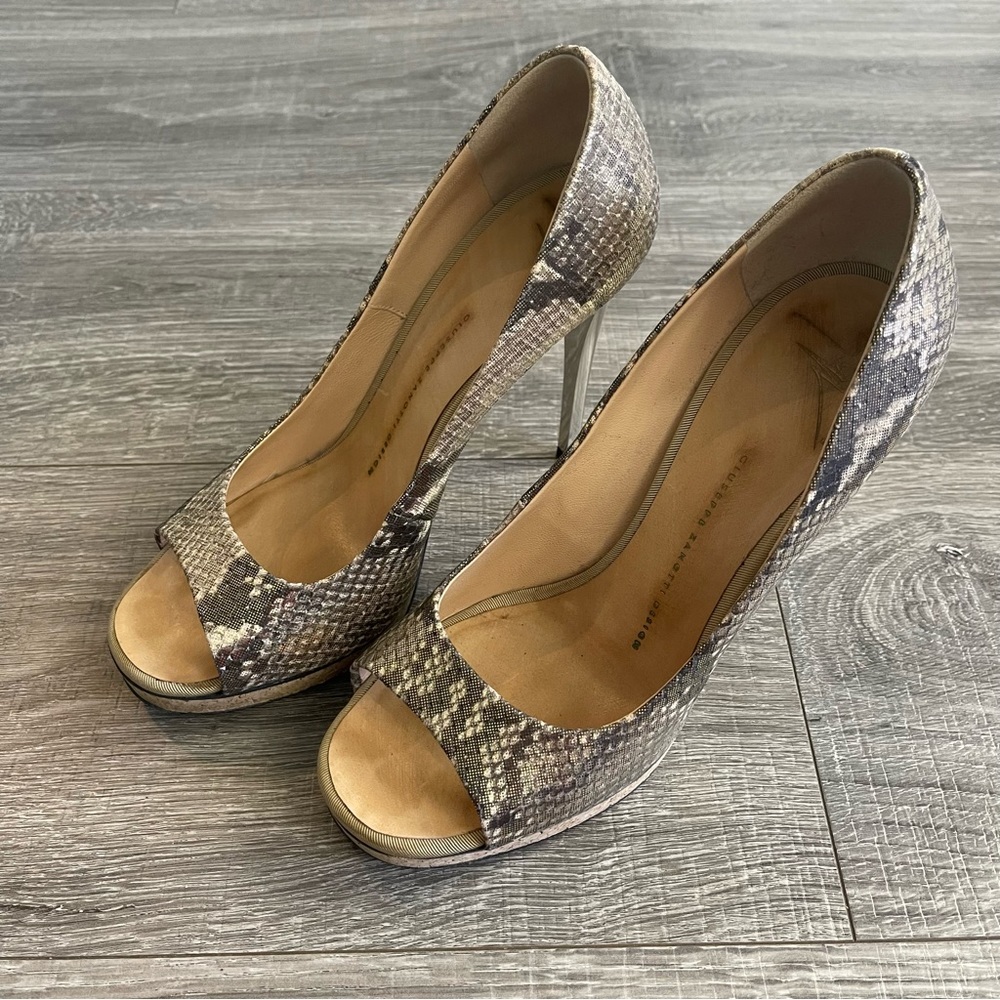 Giuseppe Zanotti Design Snakeskin Crome Heel Pumps Peep Toe